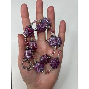 Purple & Pink Glass Swirl Beaded and Sterling Silver Necklace